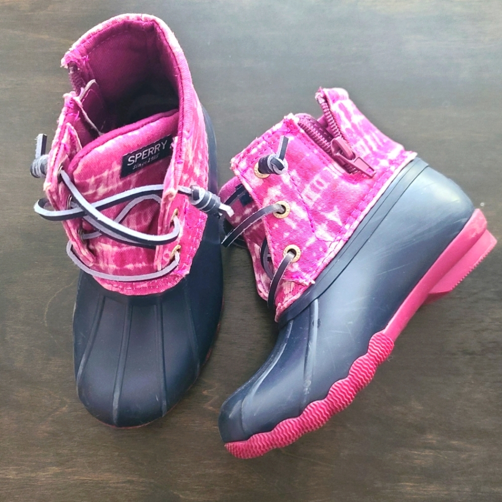 Sperry Topsider Kids Pink Plaid Duck Winter Rain Boots 10M